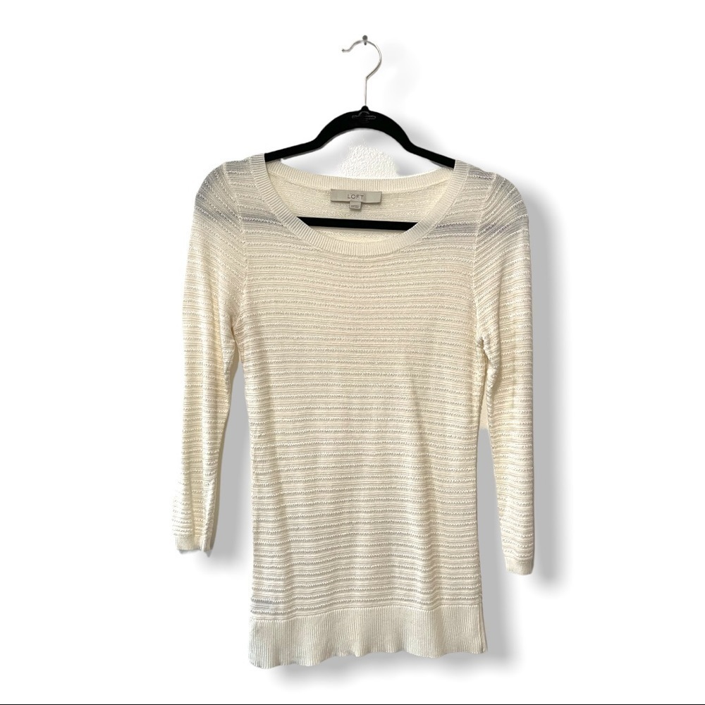 LOFT White Open Ribbed Knit Scoop Neck 3/4 Sleeve Lightweight Sweater